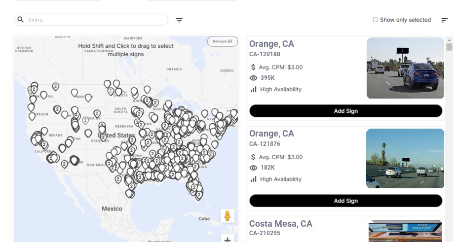 Billboard advertising in Irvine Ca, California - Choose your favorite location