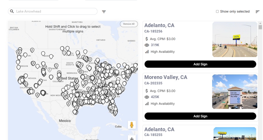 Billboard advertising in Lake Arrowhead Ca, California - Choose your favorite location