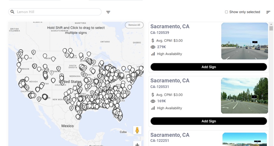 Billboard advertising in Lemon Hill Ca, California - Choose your favorite location