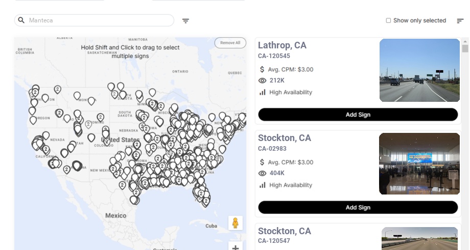 Billboard advertising in Manteca Ca, California - Choose your favorite location