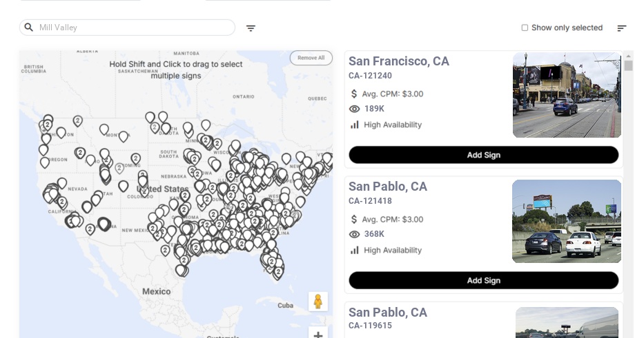 Billboard advertising in Mill Valley Ca, California - Choose your favorite location
