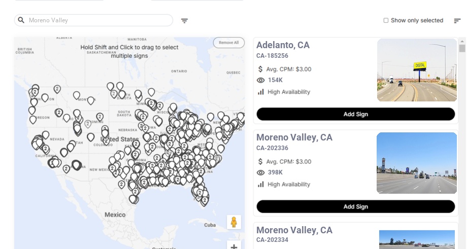 Billboard advertising in Moreno Valley Ca, California - Choose your favorite location