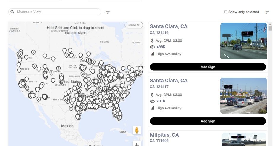 Billboard advertising in Mountain View Ca, California - Choose your favorite location