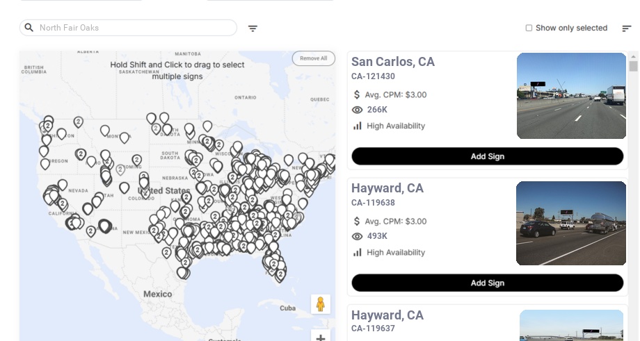 Billboard advertising in North Fair Oaks Ca, California - Choose your favorite location