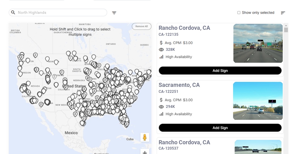 Billboard advertising in North Highlands Ca, California - Choose your favorite location