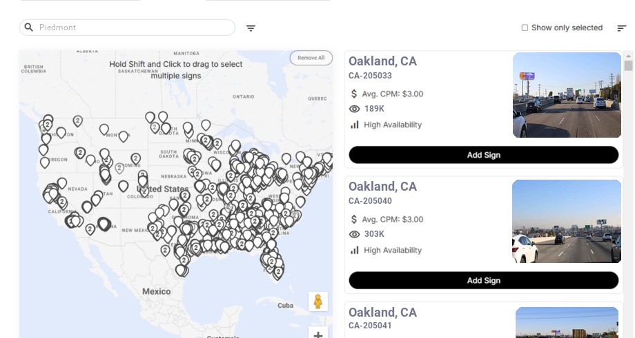 Billboard advertising in Piedmont Ca, California - Choose your favorite location