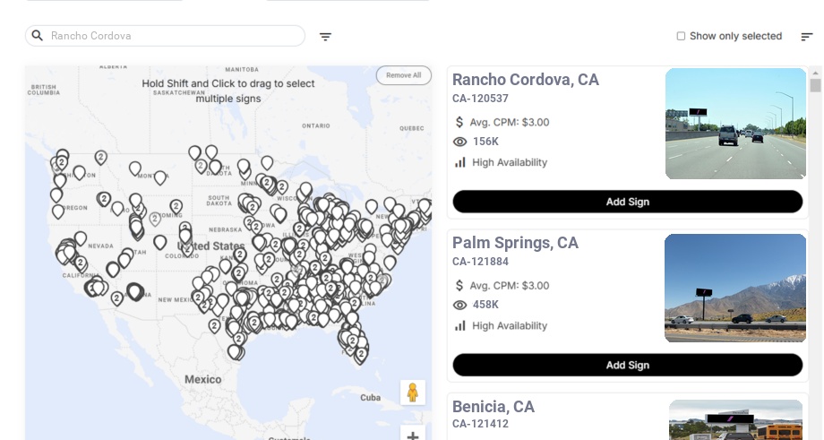 Billboard advertising in Rancho Cordova, California - Choose your favorite location