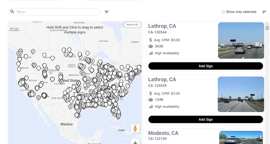 Billboard advertising in Ripon Ca, California - Choose your favorite location