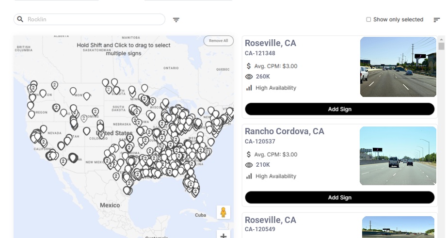 Billboard advertising in Rocklin Ca, California - Choose your favorite location