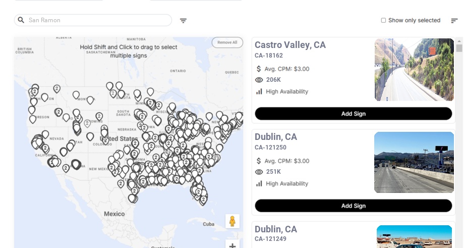 Billboard advertising in San Ramon Ca, California - Choose your favorite location