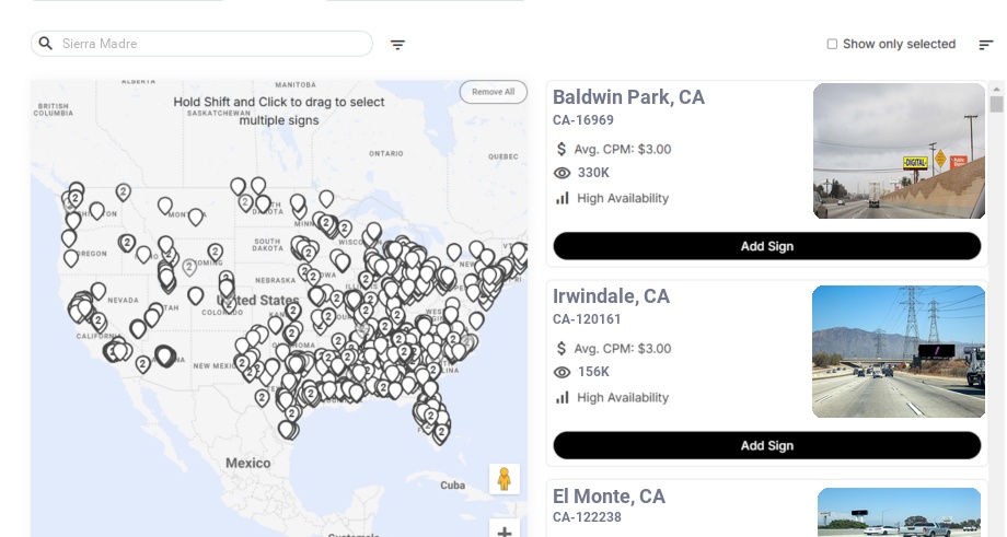 Billboard advertising in Sierra Madre Ca, California - Choose your favorite location
