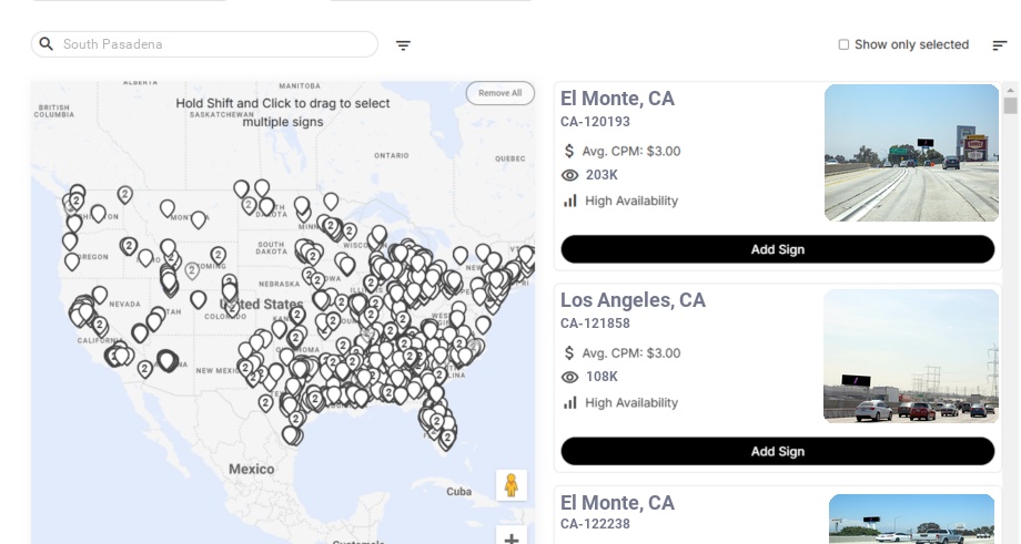Billboard advertising in South Pasadena Ca, California - Choose your favorite location