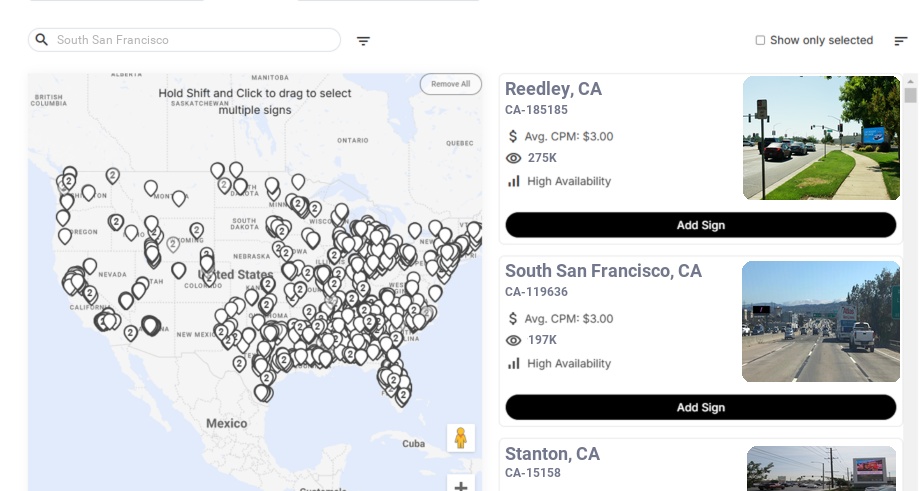 Billboard advertising in South San Francisco Ca, California - Choose your favorite location