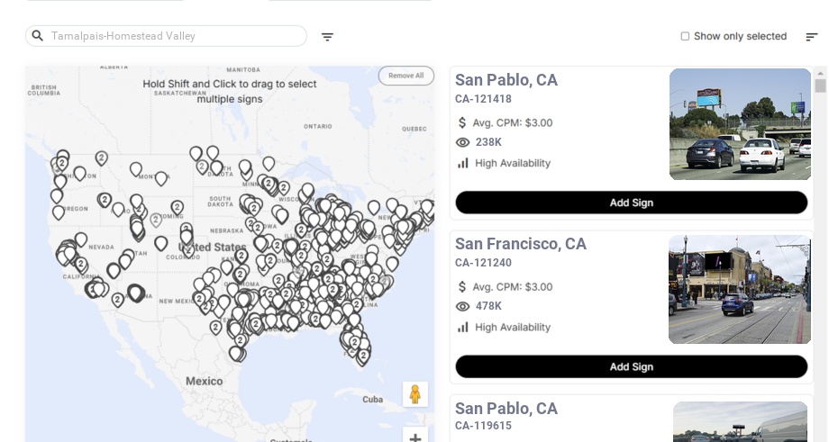 Billboard advertising in Tamalpais Homestead Valley Ca, California - Choose your favorite location