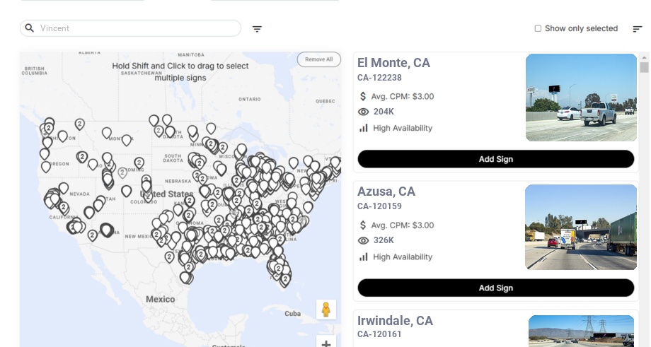 Billboard advertising in Vincent Ca, California - Choose your favorite location