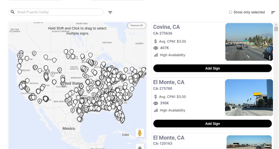 Billboard advertising in West Puente Valley Ca, California - Choose your favorite location