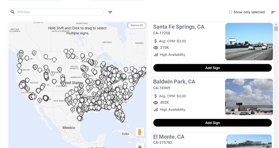Billboard advertising in Whittier Ca, California - Choose your favorite location