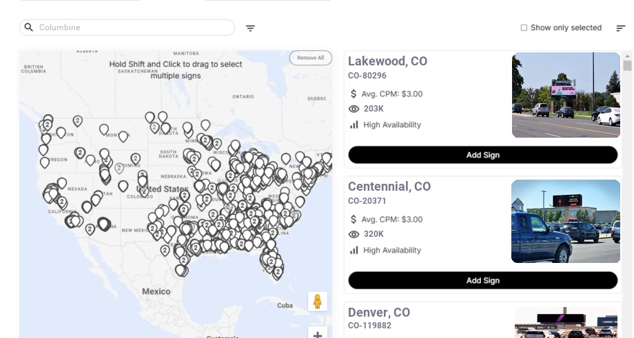 Billboard advertising in Columbine Co, Colorado - Choose your favorite location