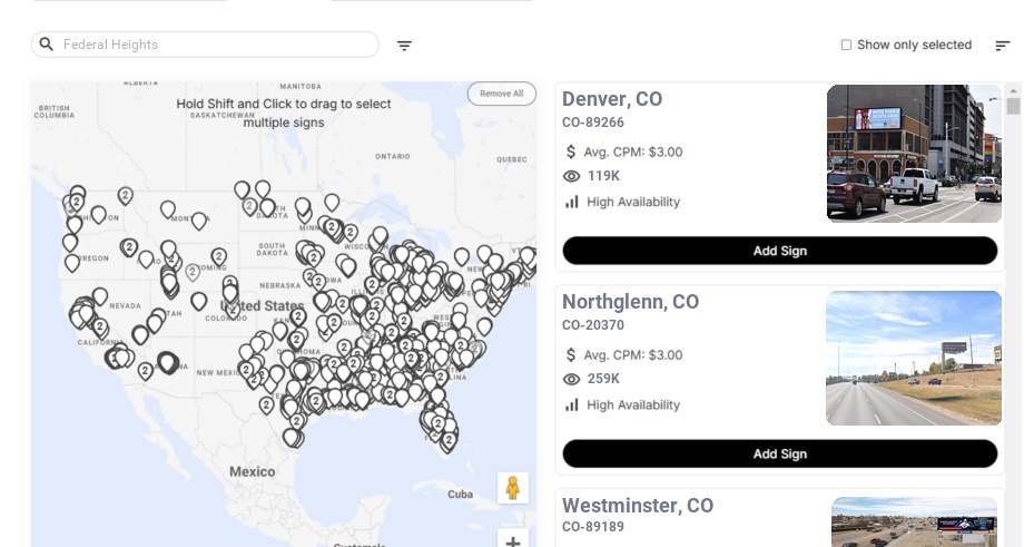 Billboard advertising in Federal Heights Co, Colorado - Choose your favorite location