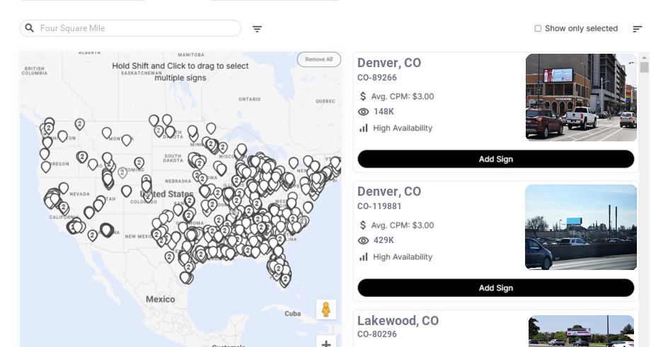 Billboard advertising in Four Square Mile Co, Colorado - Choose your favorite location