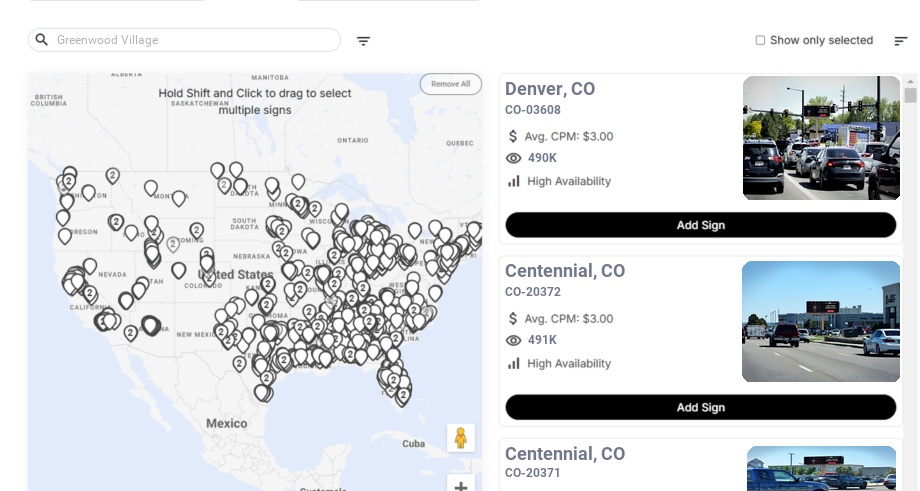Billboard advertising in Greenwood Village Co, Colorado - Choose your favorite location