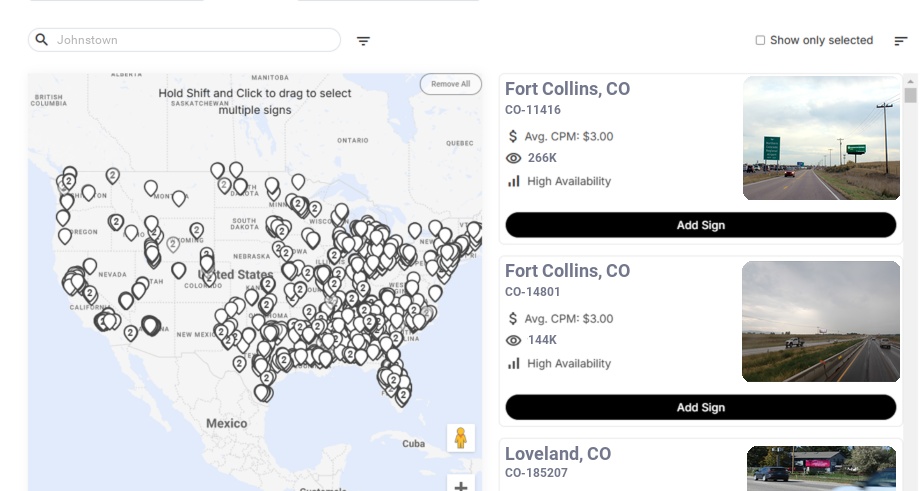 Billboard advertising in Johnstown Co, Colorado - Choose your favorite location