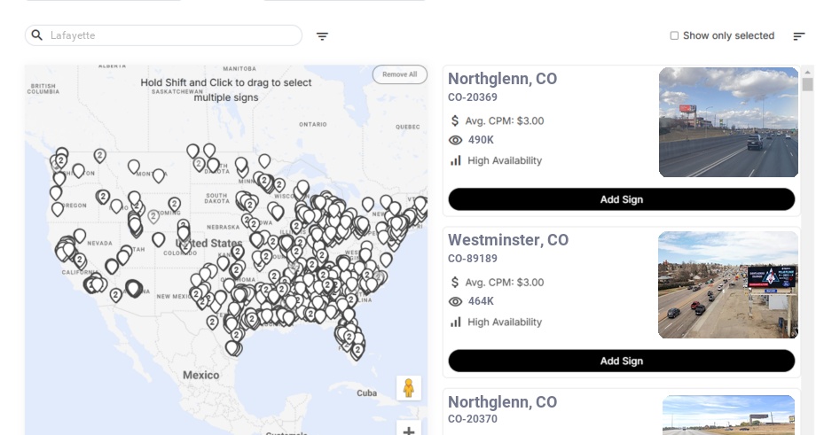 Billboard advertising in Lafayette Co, Colorado - Choose your favorite location