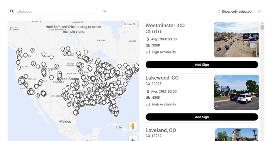Billboard advertising in Lakewood Co, Colorado - Choose your favorite location