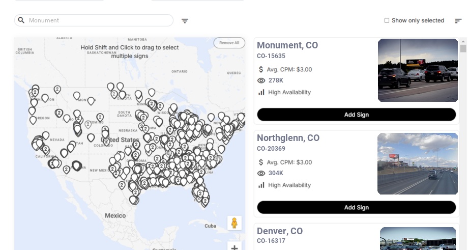 Billboard advertising in Monument Co, Colorado - Choose your favorite location