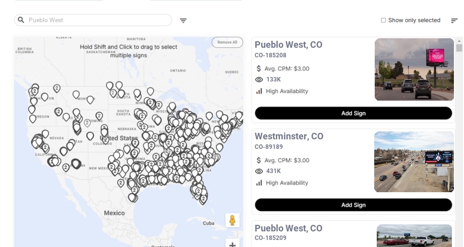 Billboard advertising in Pueblo West, Colorado - Choose your favorite location