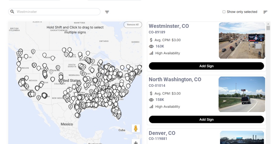Billboard advertising in Westminster Co, Colorado - Choose your favorite location