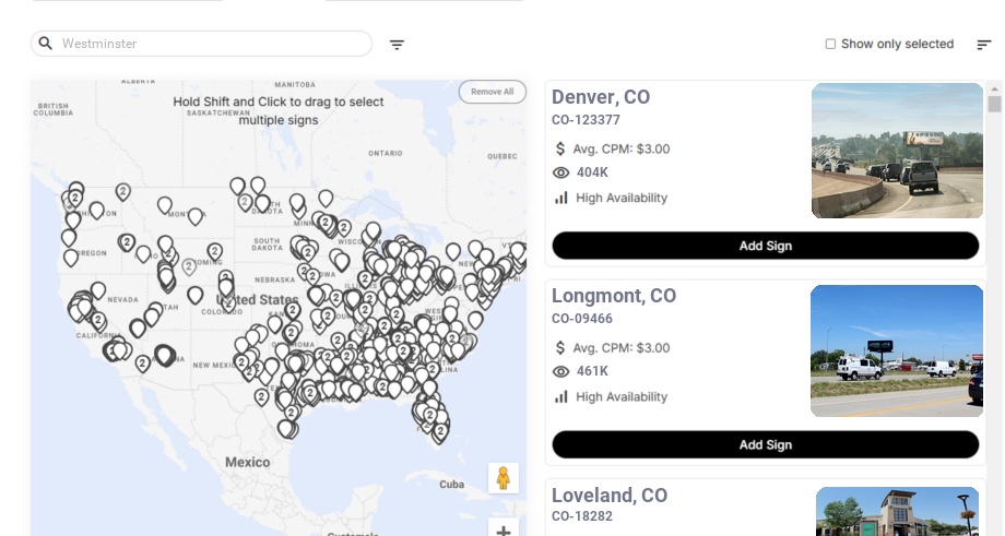Billboard advertising in Westminster, Colorado - Choose your favorite location