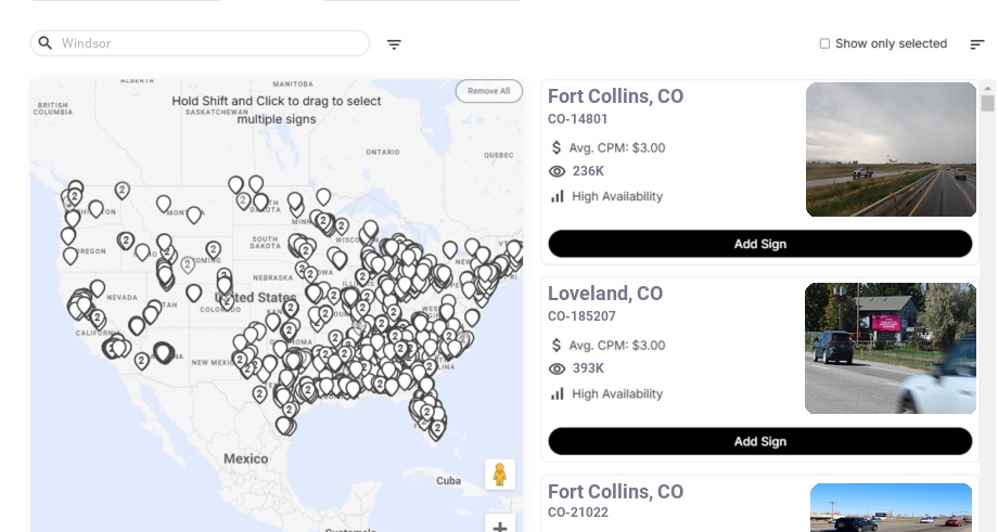 Billboard advertising in Windsor Co, Colorado - Choose your favorite location