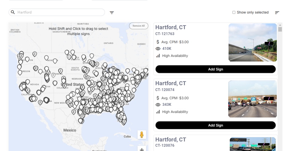 Billboard advertising in Hartford Ct, Connecticut - Choose your favorite location