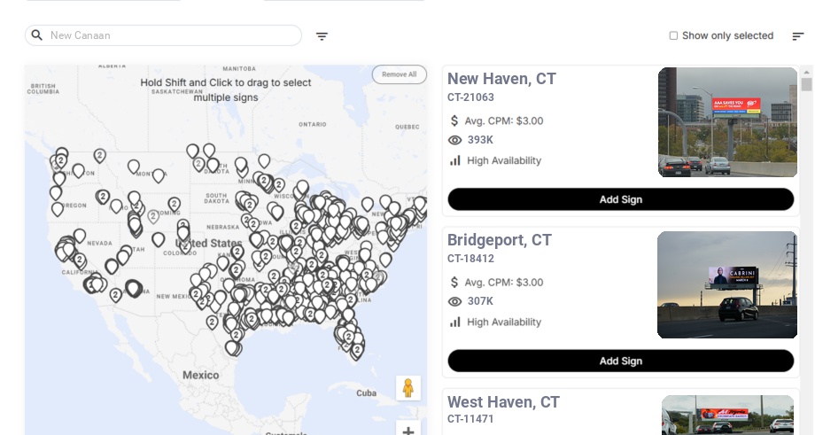 Billboard advertising in New Canaan Ct, Connecticut - Choose your favorite location