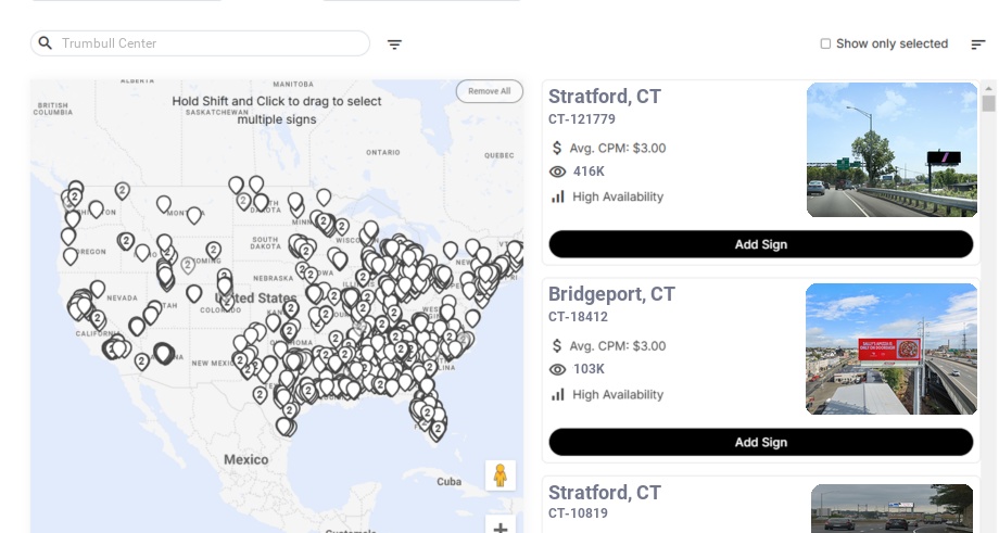 Billboard advertising in Trumbull Center Ct, Connecticut - Choose your favorite location