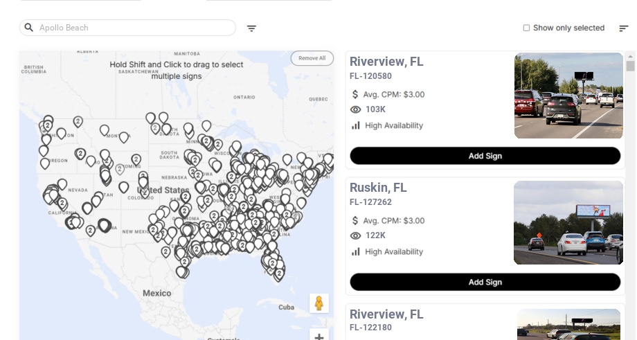 Billboard advertising in Apollo Beach Fl, Florida - Choose your favorite location