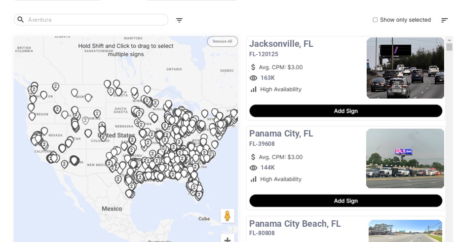 Billboard advertising in Aventura, Florida - Choose your favorite location