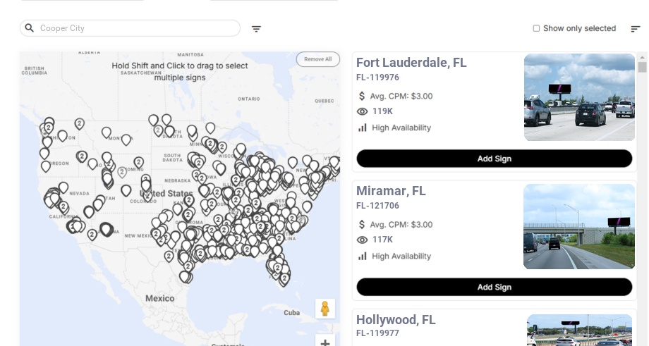Billboard advertising in Cooper City Fl, Florida - Choose your favorite location