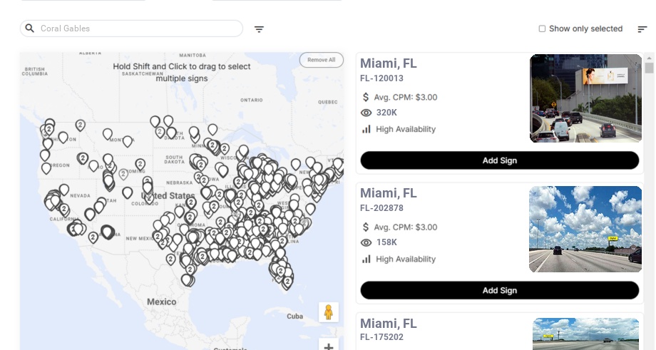 Billboard advertising in Coral Gables Fl, Florida - Choose your favorite location