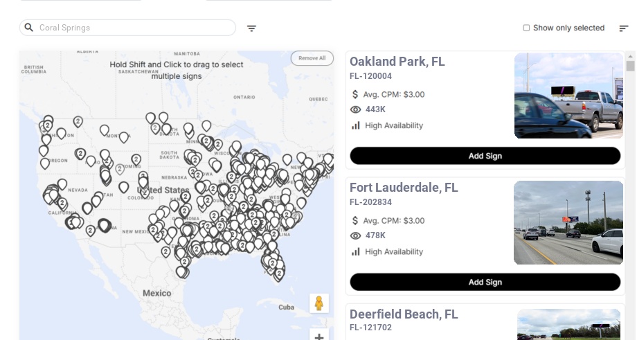 Billboard advertising in Coral Springs Fl, Florida - Choose your favorite location
