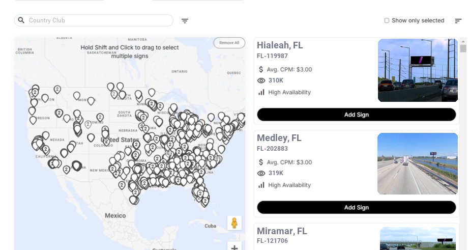 Billboard advertising in Country Club Fl, Florida - Choose your favorite location