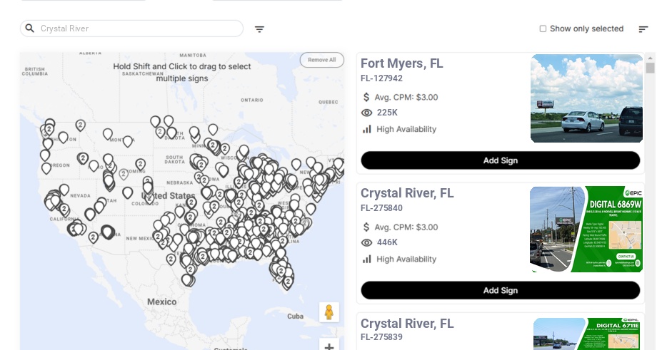 Billboard advertising in Crystal River Fl, Florida - Choose your favorite location