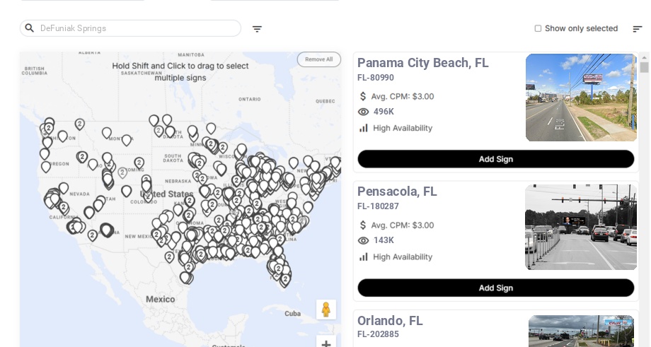 Billboard advertising in Defuniak Springs Fl, Florida - Choose your favorite location