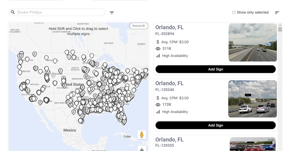 Billboard advertising in Doctor Phillips Fl, Florida - Choose your favorite location