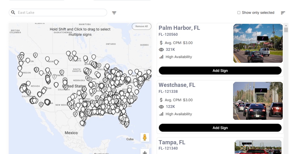 Billboard advertising in East Lake Fl, Florida - Choose your favorite location