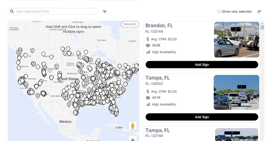 Billboard advertising in East Lake Orient Park Fl, Florida - Choose your favorite location