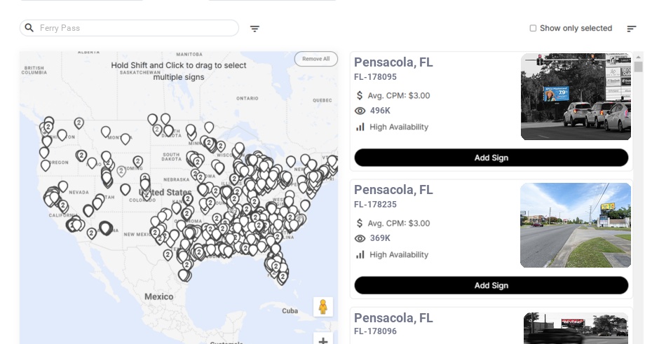 Billboard advertising in Ferry Pass Fl, Florida - Choose your favorite location
