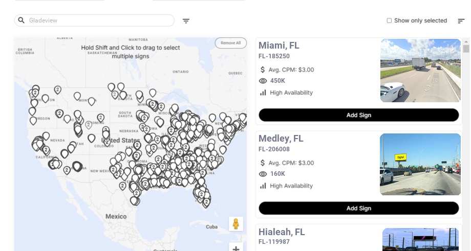 Billboard advertising in Gladeview Fl, Florida - Choose your favorite location