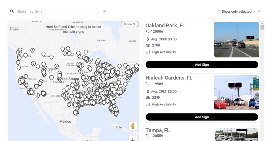Billboard advertising in Hialeah Gardens Fl, Florida - Choose your favorite location